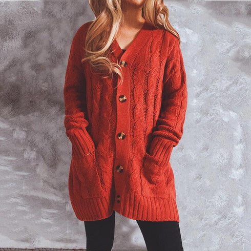 Autumn and winter single-breasted thick twist pocket long sleeve knit sweater cardigan